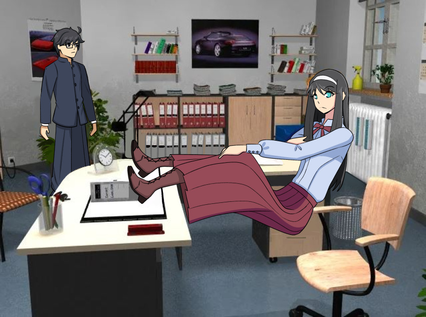 1boy 1girl adoptive_siblings ahoge black_eyes black_hair blue_eyes boots bow bowtie breasts brother_and_sister brown_boots commentary d0gduk english_commentary floating frown game_screenshot_background glasses glitch hairband highres jacket long_hair long_skirt long_sleeves looking_at_viewer red_bow red_bowtie school_uniform screenshot_background shirt short_hair siblings sitting skirt the_mystery_of_the_druids tohno_akiha tohno_shiki tsukihime white_hairband