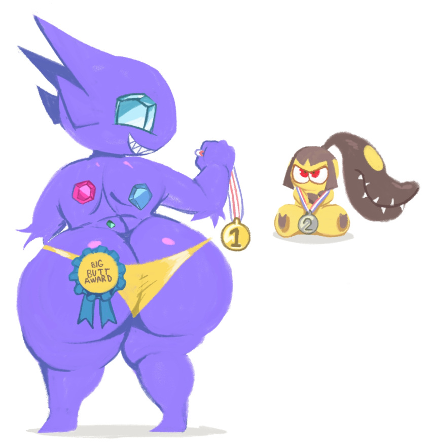 ambiguous_gender annoyed big_butt bikini black_body bottom_heavy butt clothed clothing duo female gem_eyes generation_3_pokemon hi_res huge_butt humanoid mawile medal nintendo pincparti pokemon pokemon_(species) purple_body rear_view red_eyes sableye sharp_teeth simple_background sitting smile smug swimwear teeth thick_thighs topless two-piece_swimsuit white_background wide_hips yellow_bikini yellow_body yellow_clothing yellow_swimwear