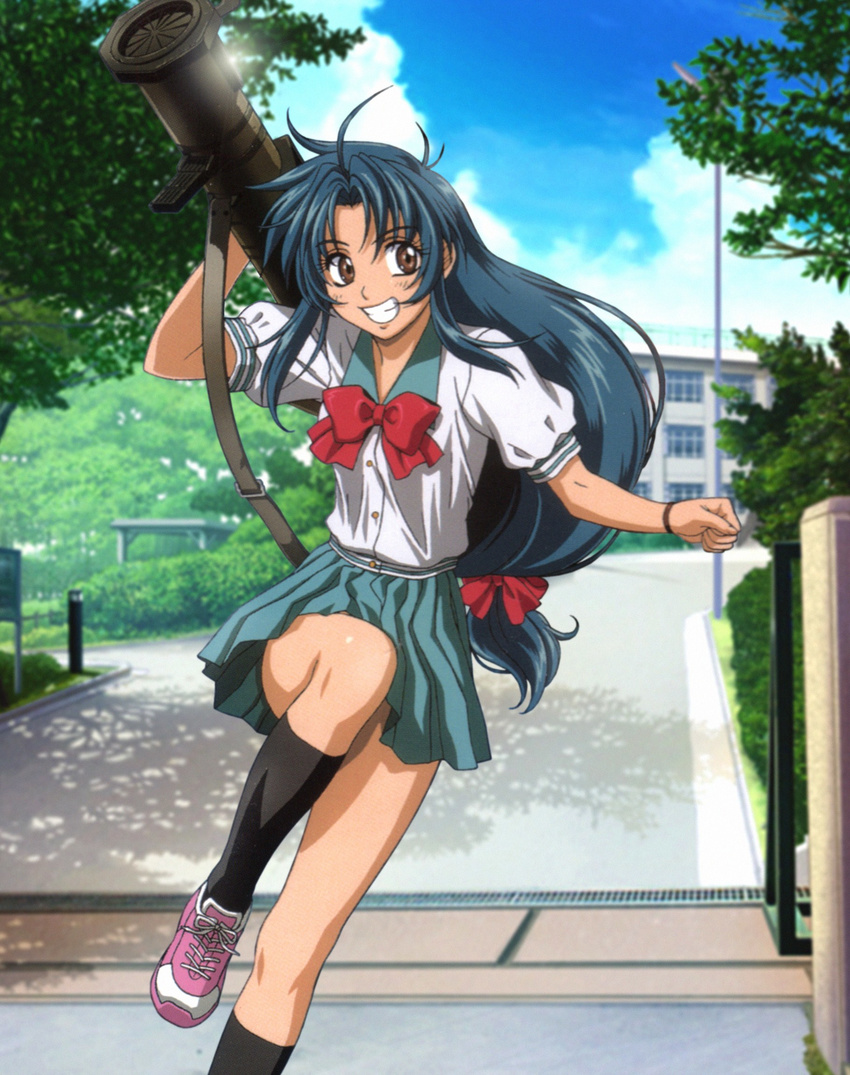 at4 blue_hair brown_eyes chidori_kaname full_metal_panic! highres jindai_high_school_uniform long_hair low-tied_long_hair rocket_launcher school_uniform smile solo third-party_edit weapon