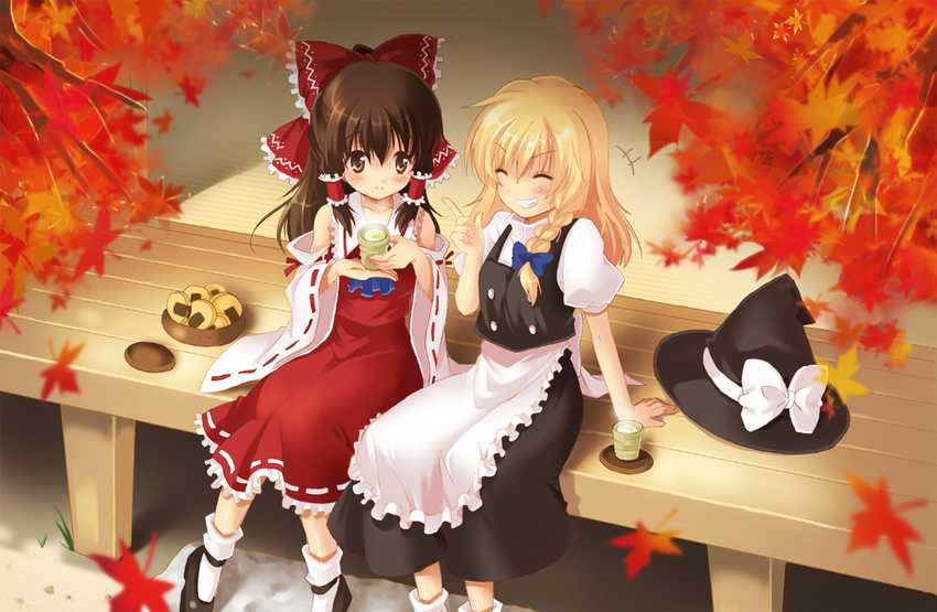 2girls arm_support autumn autumn_leaves bad_id bad_pixiv_id blonde_hair blush bow braid brown_eyes brown_hair closed_eyes cup drink eyebrows_visible_through_hair grin hair_bow hair_over_shoulder hair_tubes hakurei_reimu hat hat_removed headwear_removed kirisame_marisa leaf long_hair maple_leaf multiple_girls pan_(mimi) pointing senbei single_braid sitting smile touhou veranda witch_hat yunomi