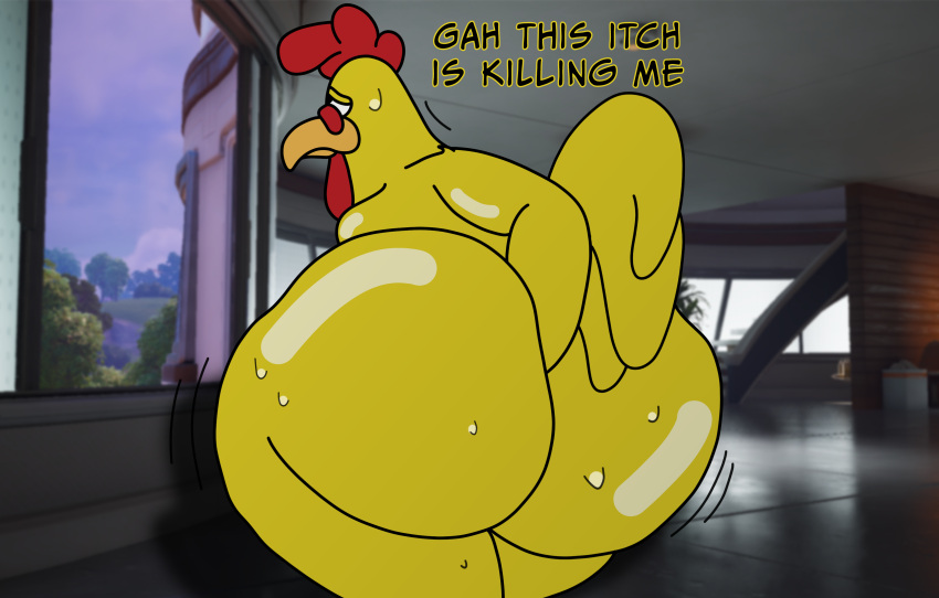 2025 absurd_res anal anthro autopenetration avian beak big_butt bird black_eyes bodily_fluids bubble_butt butt butt_digging butt_focus chicken curvy_figure dialogue digging_into_butt digital_media_(artwork) english_text epic_games ernie_the_giant_chicken family_guy feathers fortnite fortnite:_battle_royale galliform hand_in_butt hi_res huge_butt male masturbation motion_lines overweight penetration phasianid rear_view scratching_butt solo sweat sweaty_butt tail text vandoughy worried worried_look yellow_body yellow_feathers