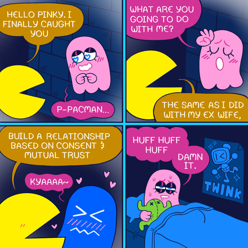1:1 2023 4_fingers 4_panel_comic asking asking_another bed blue_bedding blue_blanket blue_body blue_eyelids blue_eyes blue_line_art blue_pillow blue_wall blush blush_lines blushing_profusely bodily_fluids bomberman bomberman_(species) breath brick_wall closed_frown colored colored_line_art comic crossover dialogue digital_media_(artwork) dream duo english_description english_text eyelashes eyeless female fingers fingers_together frogger frown furniture ghost heart_eyes heart_symbol hearts_around_head hi_res holding_object holding_plushie inside interspecies konami light lighting limbless looking_at_another love male male/female mouth_closed name_drop name_in_dialogue narrowed_eyes no_pupils noseless not_furry on_bed open_mouth open_smile pac-man pac-man_(series) pac-person panting pillow pink_body pink_line_art pinky_(pac-man) plushie poster_(object) question romantic romantic_ambiance sitting sitting_on_bed smile smiling_at_another spirit squint sweat sweaty_face talking_to_another tanookitalez text waking_up wall_(structure) white_mouth yellow_body yellow_skin