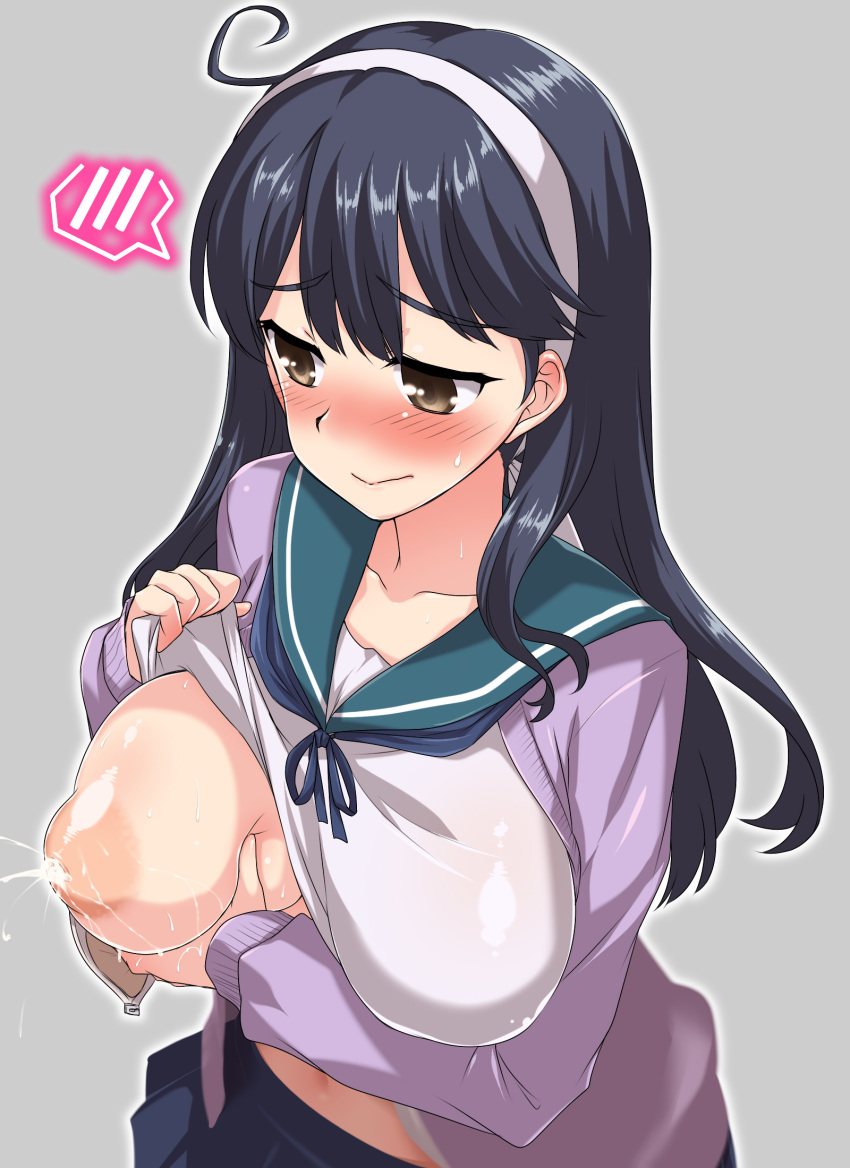 1girl ahoge black_hair blush breasts brown_eyes character_request full-face_blush hairband highres inverted_nipples kantai_collection lactation long_hair nipples one_breast_out school_uniform serafuku solo sweat yoshi_tama