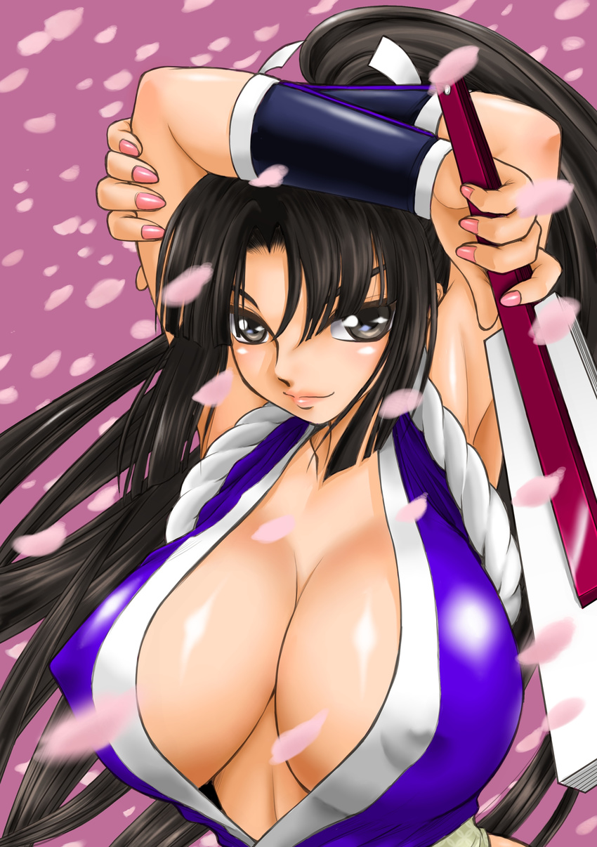 1girl absurdres arm_up artist_request black_hair breasts cleavage covered_nipples erect_nipples fan fatal_fury highres huge_breasts king_of_fighters no_bra shiranui_mai smile snk solo wolfpack