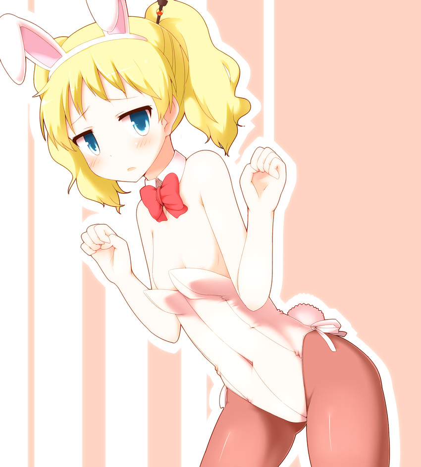 alice_cartelet animal_ears bad_id bad_pixiv_id blonde_hair blue_eyes bow bowtie bunny_ears bunny_tail bunnysuit covered_navel detached_collar faubynet flat_chest highres kin-iro_mosaic pantyhose short_hair solo tail twintails