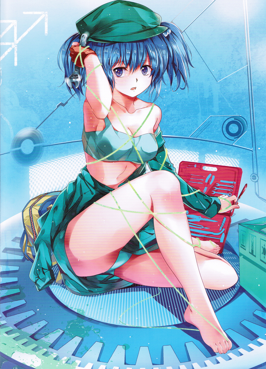 1girl backpack bag bare_legs bare_shoulders barefoot between_toes blue_eyes blue_hair box breasts cleavage collarbone entangled feet fingerless_gloves gloves hair_bobbles hair_ornament hat highres kawashiro_nitori kyounetsuzanbun midriff off_shoulder paint_musume panties pantyshot pantyshot_(sitting) parted_lips pico_(artist) resized scan scanlines short_hair sitting solo strap_slip toes toolbox touhou twintails underwear wire wrench youqiniang