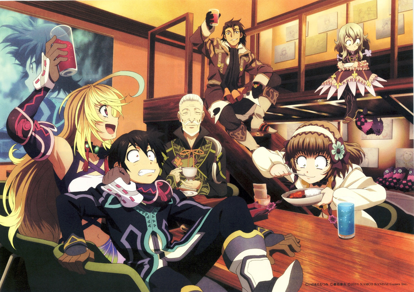 3girls :d ahoge alvin_(tales) armpits artist_request brown_hair cup curry drink eating elize_lutus food glass headlock highres jude_mathis leia_rolando milla_maxwell multiple_boys multiple_girls navel official_art open_mouth restaurant rowen_j._ilbert scan scan_artifacts sideways_mouth sitting smile strangling tales_of_(series) tales_of_xillia teacup teepo_(tales) toast_(gesture)