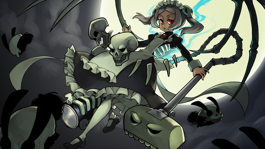 apron bloody_marie_(skullgirls) bone dress hair_ornament hat highres lab_zero_games maid maid_headdress na_young_lee official_art red_eyes skull_hair_ornament skullgirls twintails vacuum_cleaner white_hair