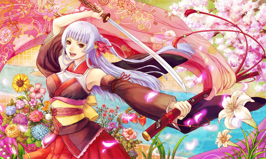 cherry_blossoms flowers japanese_clothes katana natsume_k original petals sword weapon