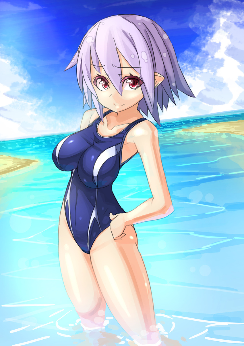 competition_swimsuit grey_hair highres one-piece_swimsuit ooyama_kina phantasy_star phantasy_star_online_2 pointy_ears red_eyes short_hair swimsuit