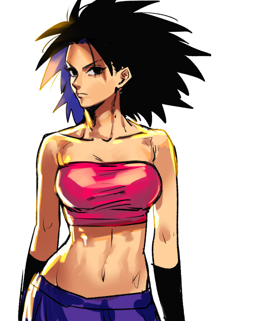 1girl arms_at_sides bangs bare_arms bare_shoulders black_eyes black_hair caulifla dragon_ball dragon_ball_super expressionless eyelashes highres looking_away multicolored_hair navel okada_(hoooojicha) pants pink_tank_top purple_hair purple_pants shaded_face simple_background solo spiked_hair standing stomach tank_top two-tone_hair upper_body white_background wristband