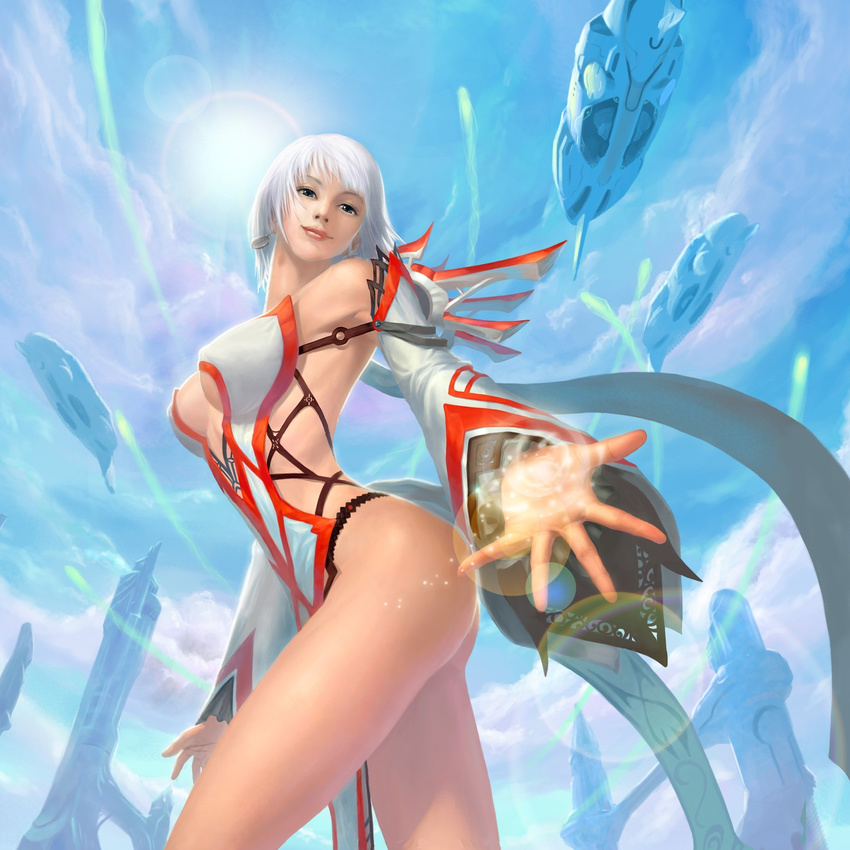 absurdres airship ass blue_eyes breasts building cabal_online cleavage cloud dress dutch_angle earring earrings highres jewelry sage_vell sky smile white_hair