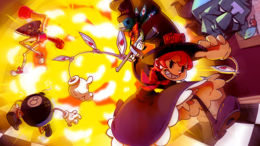 andy_anvil avery_(skullgirls) dress explosion eye_socket george_the_bomb gloves grin hat lab_zero_games lumaga mechanical_arms official_art orange_hair peacock_(skullgirls) red_eyes sharp_teeth short_hair skullgirls smile teeth tommy_ten-tons top_hat