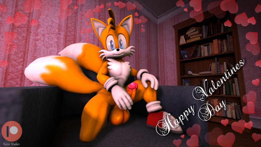 2019 anthro book canid canine chair clothing digital_media_(artwork) erection eulipotyphlan footwear fox fur gloves hedgehog hi_res holding_(disambiguation) holidays male mammal miles_prower nude penis pose prower razorkitana shoes smile solo sonic_(series) tails_(disambiguation) valentine's_day video_games