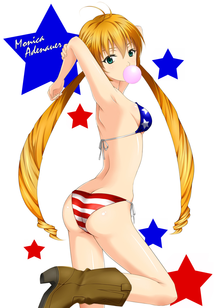 american_flag_bikini arched_back armpits arms_behind_head ass bikini blonde_hair boots breasts bubble_blowing character_name chewing_gum cowboy_boots flag_print food green_eyes highres long_hair looking_at_viewer looking_back medium_breasts monica_adenauer nikoru_(nikolaschka-tnb) shiny shiny_skin side-tie_bikini sideboob solo string_bikini swimsuit twintails yakitate!!_japan