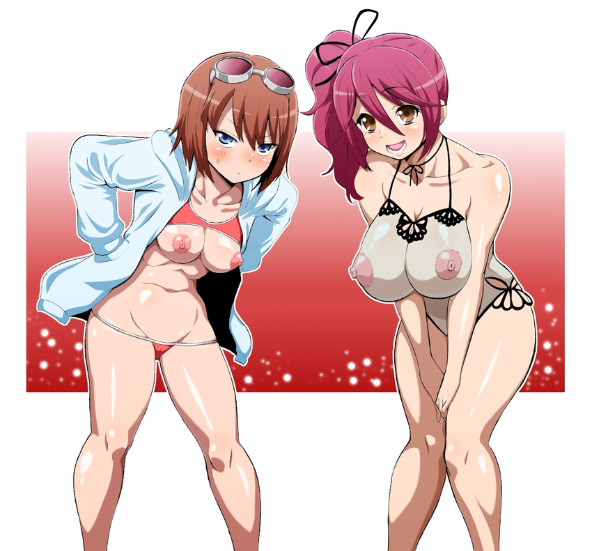 2girls areolae bare_shoulders bikini blue_eyes bra bra_lift breast_envy breasts brown_eyes brown_hair cheria_barnes female goggles hokuto_(tokuho) huge_breasts large_breasts leaning_forward lingerie long_hair looking_at_viewer multiple_girls nipples open_clothes puffy_nipples purple_hair red_bikini rita_mordio see-through shirt short_hair side_ponytail sred_bikini standing swimsuit tales_of_(series) tales_of_graces tales_of_vesperia underwear