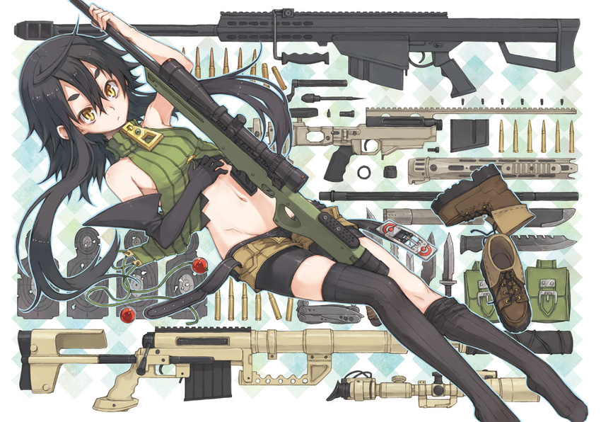 ai_arctic_warfare anti-materiel_rifle argyle argyle_background barrett barrett_m82 belt bike_shorts black_legwear bolt_action boots bullet bullet_hole cheytac_m200 combat_knife elbow_gloves gloves gun holding knife long_hair midriff navel nike_(smaaaash) open_fly original outline rifle scope shenwu_(nike) shoes_removed shorts silhouette_target sniper_rifle solo striped striped_legwear swiss_army_knife thighhighs thighhighs_pull turtleneck unzipped vertical_stripes weapon yellow_eyes