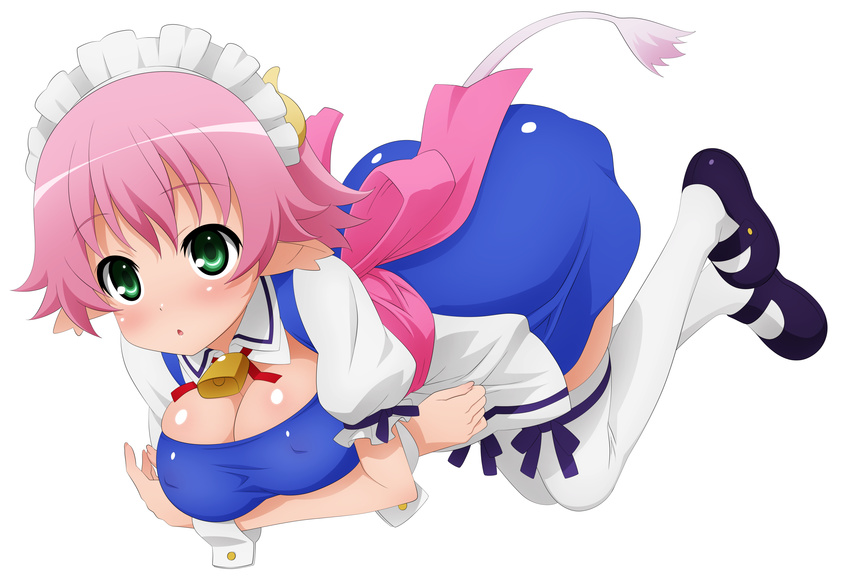 1girl absurdres artist_request breasts elfleda_mirjasdottir female full_body green_eyes highres horns large_breasts legs lotte_no_omocha! maid maid_headdress mary_janes pink_hair pointy_ears shoes short_hair simple_background solo sugimura_tomokazu thighhighs white_background white_legwear wrist_cuffs