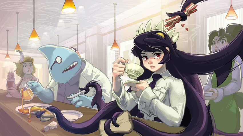 bacon black_hair cafe cup eating fangs feathers filia_(skullgirls) food food_theft futakuchi-onna glasses hair_feathers head_fins highres knife lab_zero_games lips long_hair looking_at_another multiple_girls niccolo_balce official_art prehensile_hair restaurant samson_(skullgirls) shark skullgirls stanley_whitefin syrup teacup toast