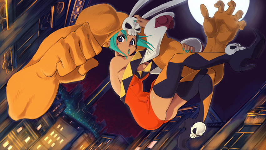 aqua_hair aqua_lipstick black_legwear boots breasts cerebella_(skullgirls) city cityscape dark_skin detached_sleeves falling hat highres jason_robinson lab_zero_games lipstick makeup medium_breasts moon night night_sky official_art pursed_lips skull skullgirls sky solo thigh_boots thighhighs vice-versa_(skullgirls)