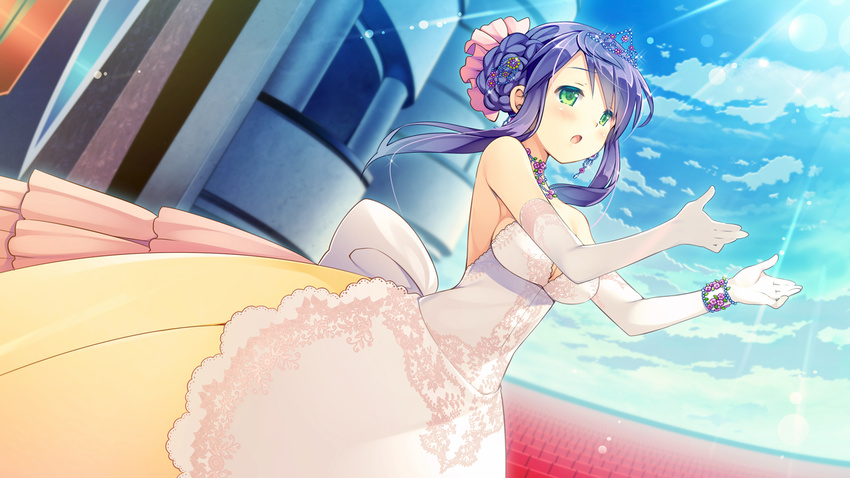 clouds daikou_wakako dress game_cg green_eyes koi_saku_miyako_ni_ai_no_yakusoku_wo_~annaffiare~ natsume_eri purple_hair sky tiara