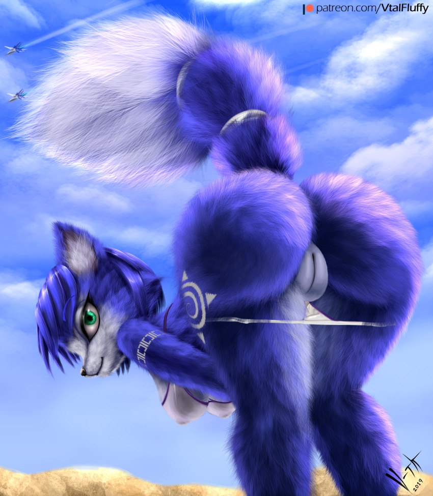 2019 absurd_res anthro bending bent_over big_breasts big_butt big_pussy blue_fur blue_hair breasts butt canid canine clitoris clothed clothing digital_media_(artwork) female fox fur green_eyes hair hi_res huge_butt krystal looking_at_viewer looking_back mammal multicolored_tail nintendo nipples nude plump_labia presenting pussy pussy_juice short_hair smile solo spreading standing star_fox thick_thighs v-tal video_games voluptuous white_fur wide_hips