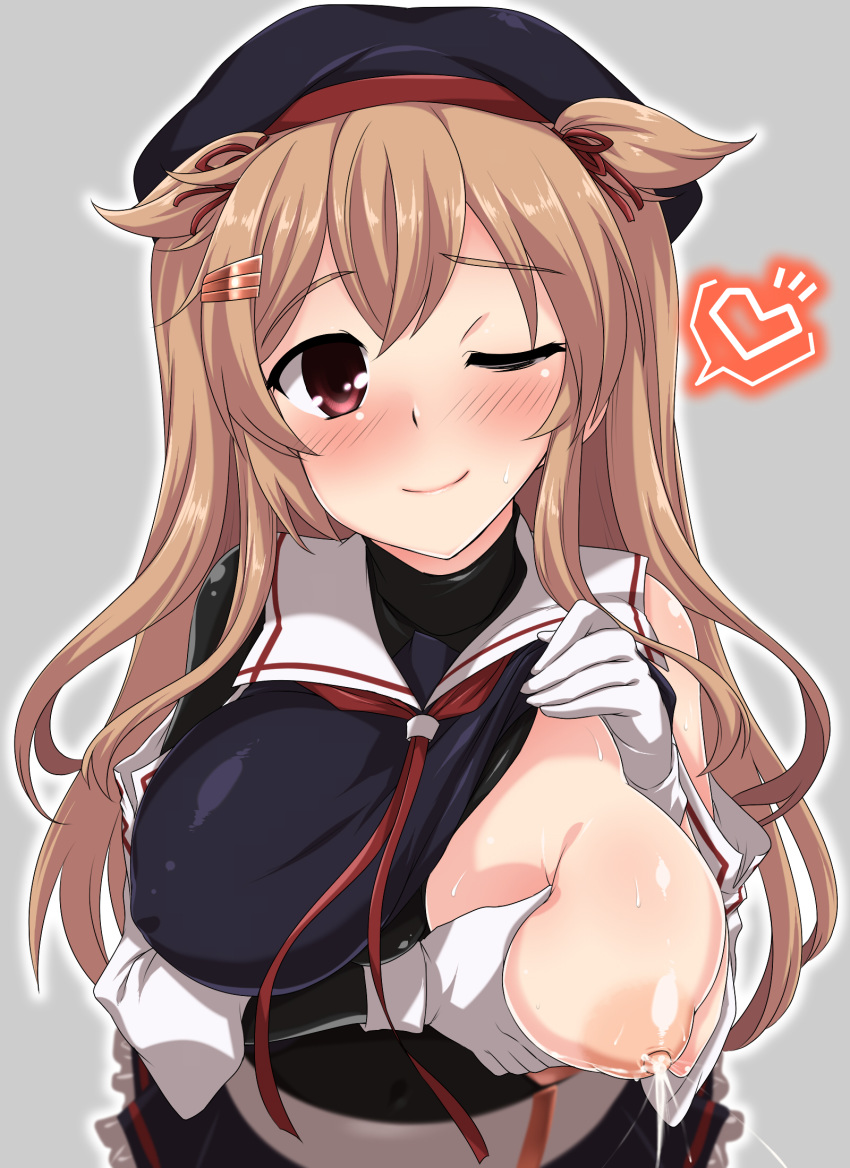 1girl blush breasts brown_hair character_request full-face_blush gloves hair_ornament hairclip hat highres kantai_collection lactation long_hair looking_at_viewer nipples one_breast_out one_eye_closed school_uniform serafuku smile solo sweat two_side_up white_gloves yoshi_tama