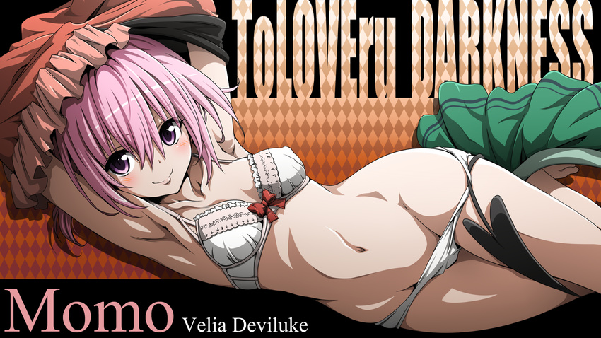 armpits arms_up blush bra breasts colorized groin highres medium_breasts momo_velia_deviluke navel panties panty_pull pink_eyes pink_hair short_hair short_twintails smile solo tail to_love-ru to_love-ru_darkness toshi_(anime_coloring) twintails underwear underwear_only undressing yabuki_kentarou