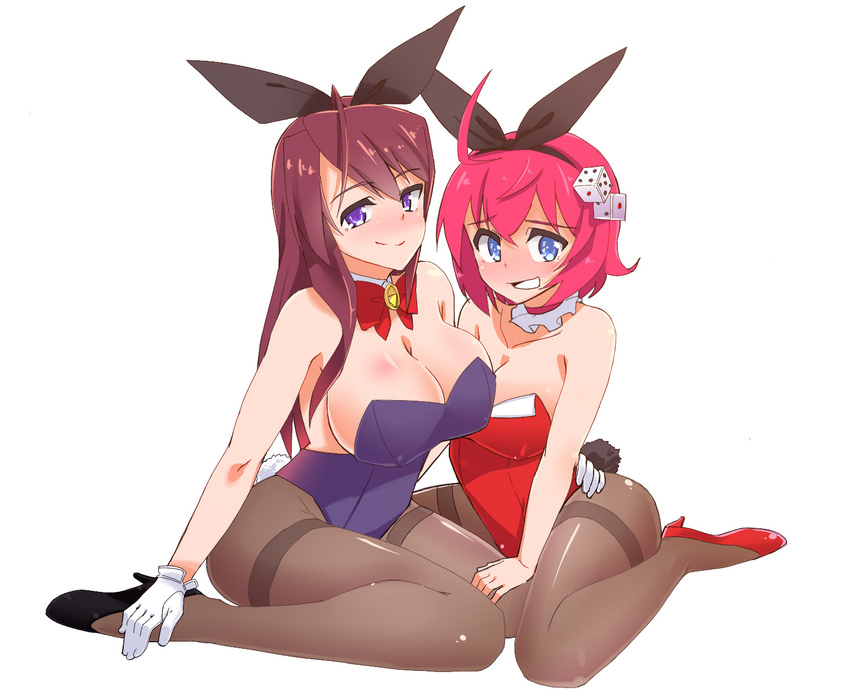 animal_ears bad_id bad_pixiv_id blue_eyes blush bow bowtie breasts brown_hair bunny_ears bunnysuit character_request cleavage detached_collar dice gloves highres kuzuaki large_breasts long_hair medium_breasts multiple_girls pantyhose pink_hair purple_eyes sengoku_collection short_hair sitting thighband_pantyhose wariza