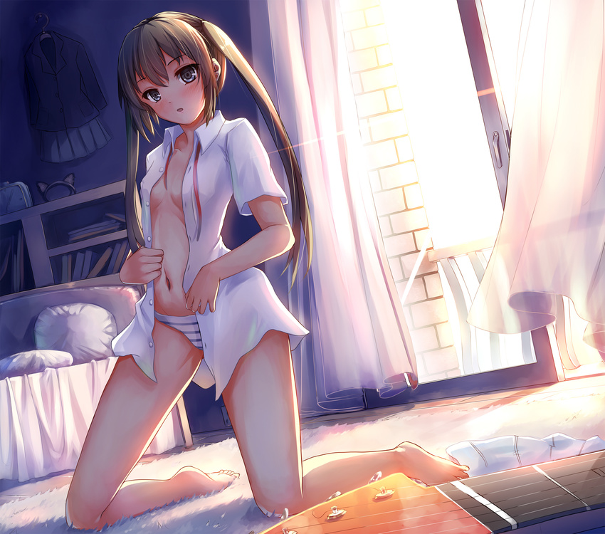 :o bad_feet barefoot blue_eyes blush breasts brown_eyes dress_shirt dutch_angle highres k-on! kneeling long_hair long_legs looking_at_viewer nakano_azusa navel no_bra open_clothes open_mouth open_shirt panties parted_lips shirt small_breasts solo stomach striped striped_panties sunlight twintails underwear weiyinji_xsk window