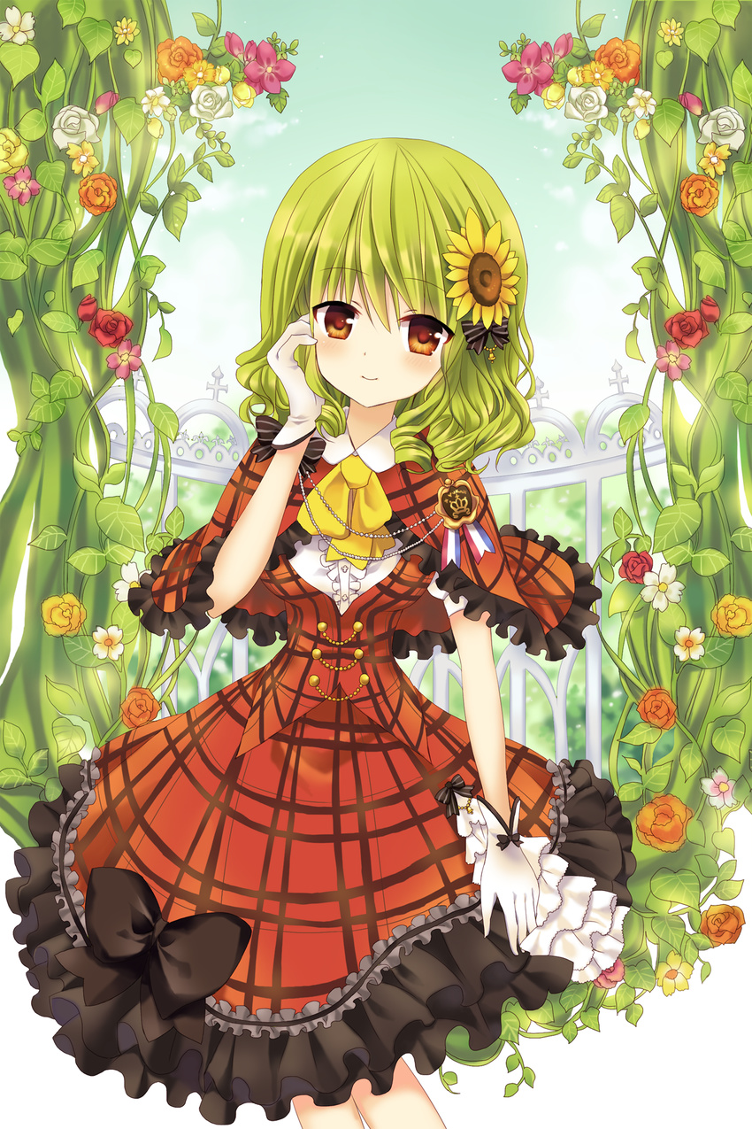 adapted_costume cape flower frilled_skirt frills gloves green_hair hair_flower hair_ornament hand_in_hair highres kazami_yuuka looking_at_viewer mayo_(miyusa) plant red_eyes shirt skirt skirt_set smile solo sunflower touhou vest vines white_gloves