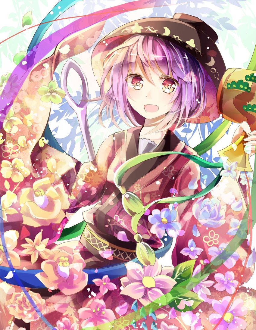azumamutuki bad_id bad_pixiv_id bowl crescent flower highres japanese_clothes kimono lavender_hair leaf leaf_background looking_at_viewer mallet needle open_mouth red_eyes short_hair solo sukuna_shinmyoumaru touhou