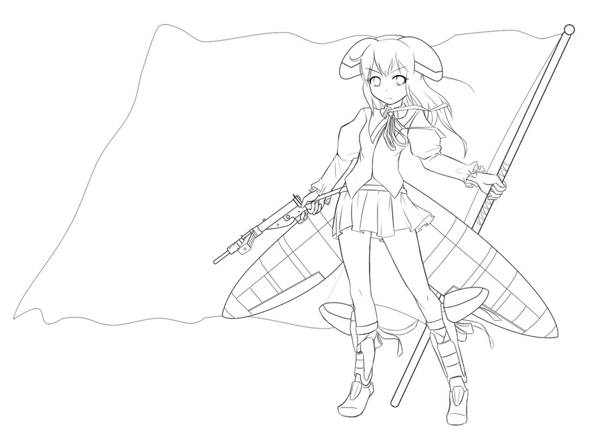 copyright_request flag greyscale gun highres lineart long_hair monochrome moodycat skirt solo weapon