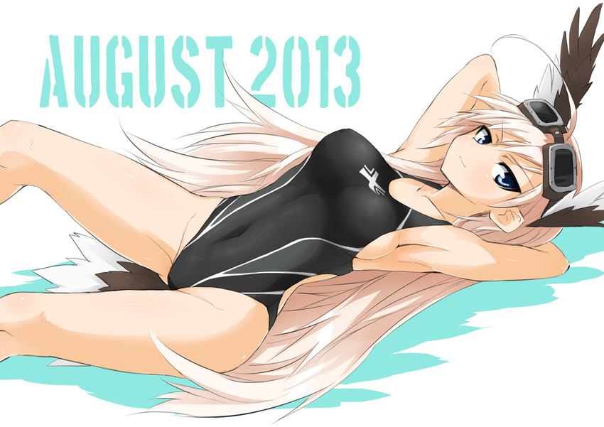 ahoge animal_ears armpits arms_up bad_id bad_pixiv_id blue_eyes blush breasts competition_swimsuit covered_navel dakku_(ogitsune) goggles goggles_on_head hanna-justina_marseille head_wings large_breasts long_hair looking_at_viewer one-piece_swimsuit pink_hair sideboob skin_tight smile solo strike_witches swimsuit tail very_long_hair world_witches_series