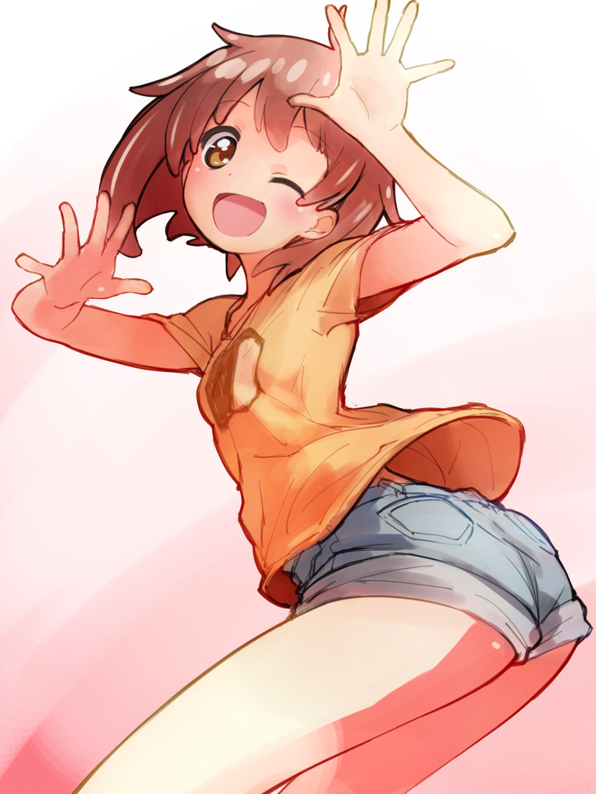 ;d brown_eyes brown_hair casual denim denim_shorts highres jewelpet_(series) jewelpet_happiness looking_back nyama one_eye_closed open_mouth outstretched_hand shirt short_hair short_shorts shorts smile solo t-shirt tsukikage_chiari