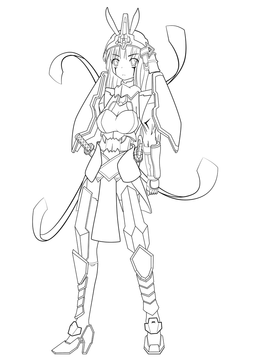 absurdres armor breasts copyright_request greyscale highres lineart long_hair medium_breasts monochrome moodycat solo sword weapon