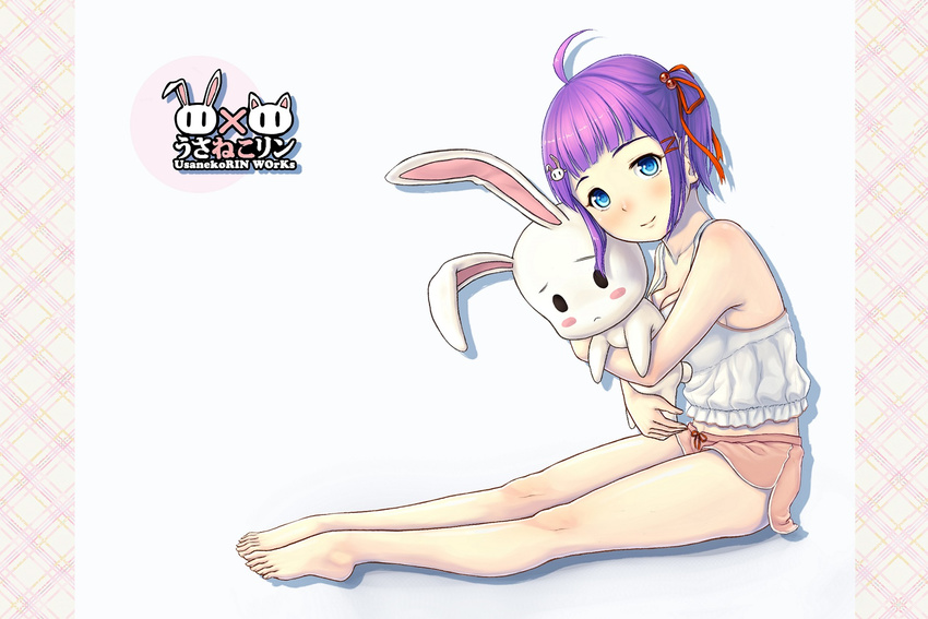 ahoge bad_id bad_pixiv_id barefoot blue_eyes blush hair_bobbles hair_ornament hair_ribbon hairclip heterochromia highres legs original pajamas purple_hair red_eyes ribbon short_hair shorts smile solo stuffed_animal stuffed_bunny stuffed_toy twintails usanekorin