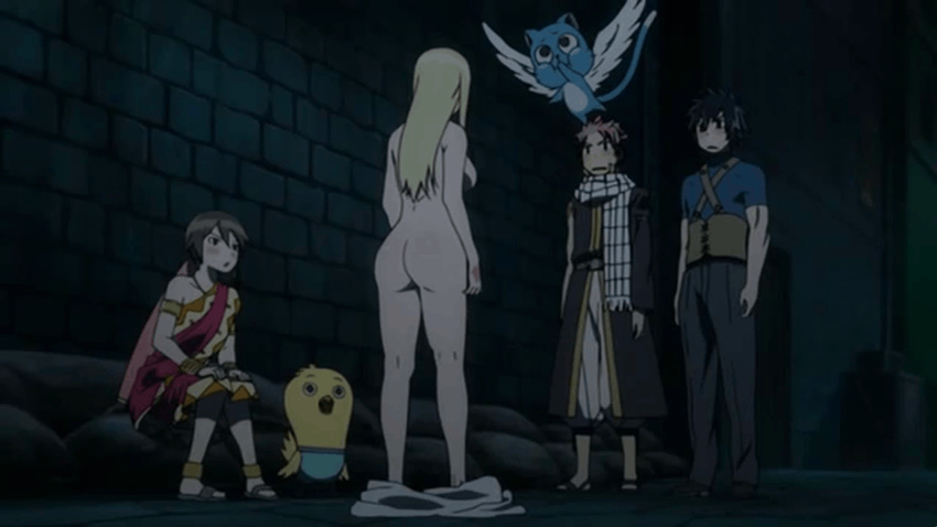 animated ass blonde_hair cat eclair_(fariy_tail) embarrassed exceed_(fairy_tail) fairy_tail from_behind gray_fullbuster happy_(fairy_tail) lucy_heartfilia momon_(fairy_tail) natsu_dragneel nude outside scarf screencap side_boob stuffed_toy surprised tail wings
