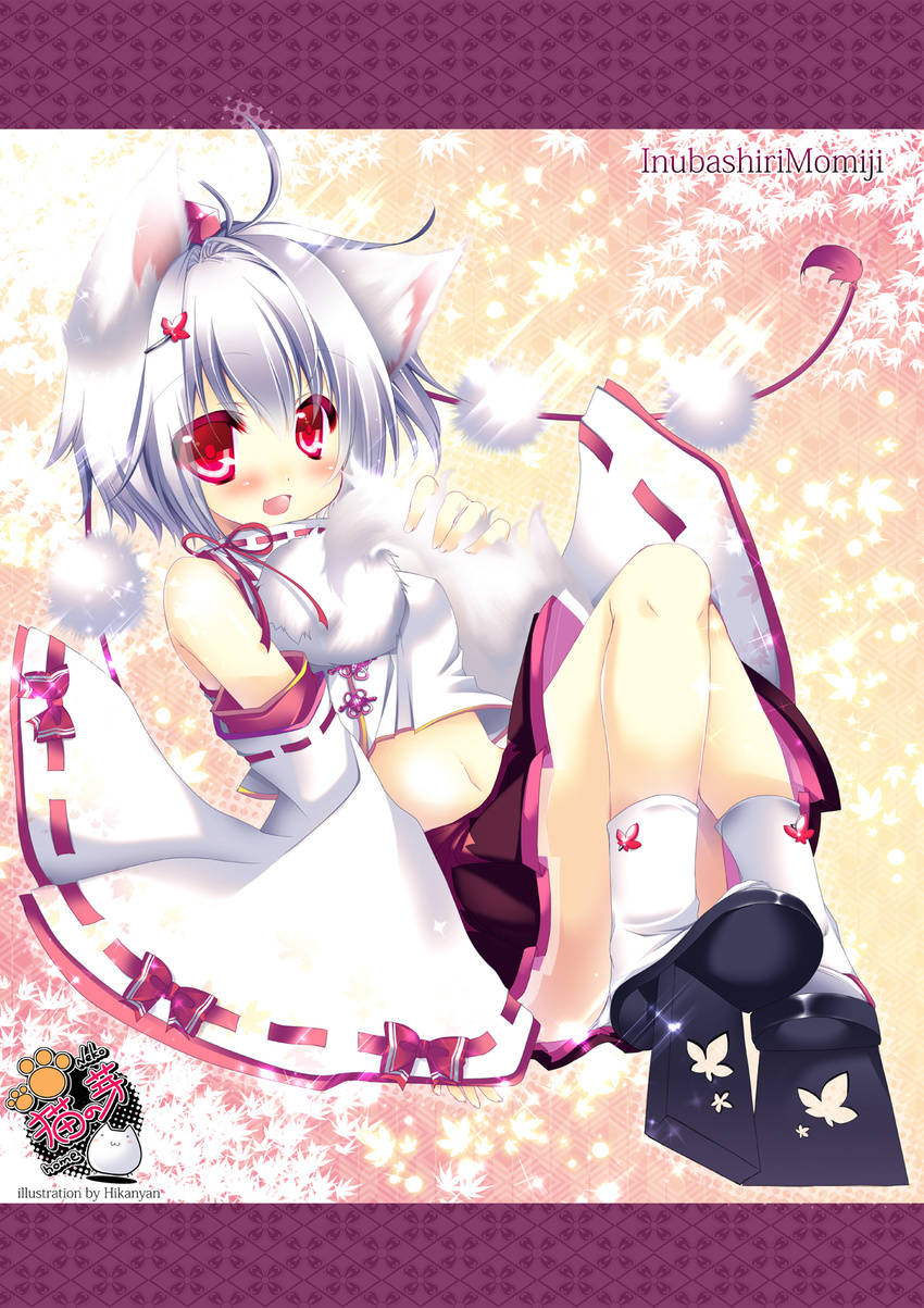 ahoge animal_ears blush bow character_name detached_sleeves geta hat highres hikanyan inubashiri_momiji leaf maple_leaf navel open_mouth red_eyes shirt short_hair skirt sleeveless sleeveless_shirt solo tail tokin_hat touhou white_hair wide_sleeves wolf_ears wolf_tail