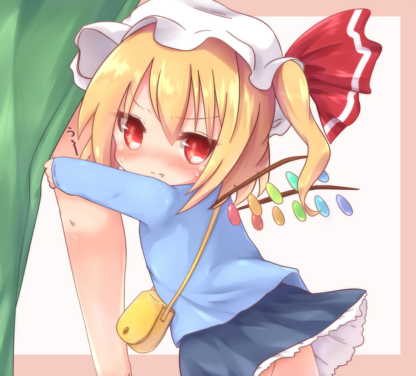 bag blonde_hair blush fang flandre_scarlet frame hat hat_ribbon hong_meiling kindergarten_bag kindergarten_uniform kisa_(k_isa) leg_cling leg_hug looking_at_viewer mob_cap multiple_girls red_eyes ribbon shirt shoulder_bag shy side_ponytail skirt touhou uu~ wavy_mouth wings younger