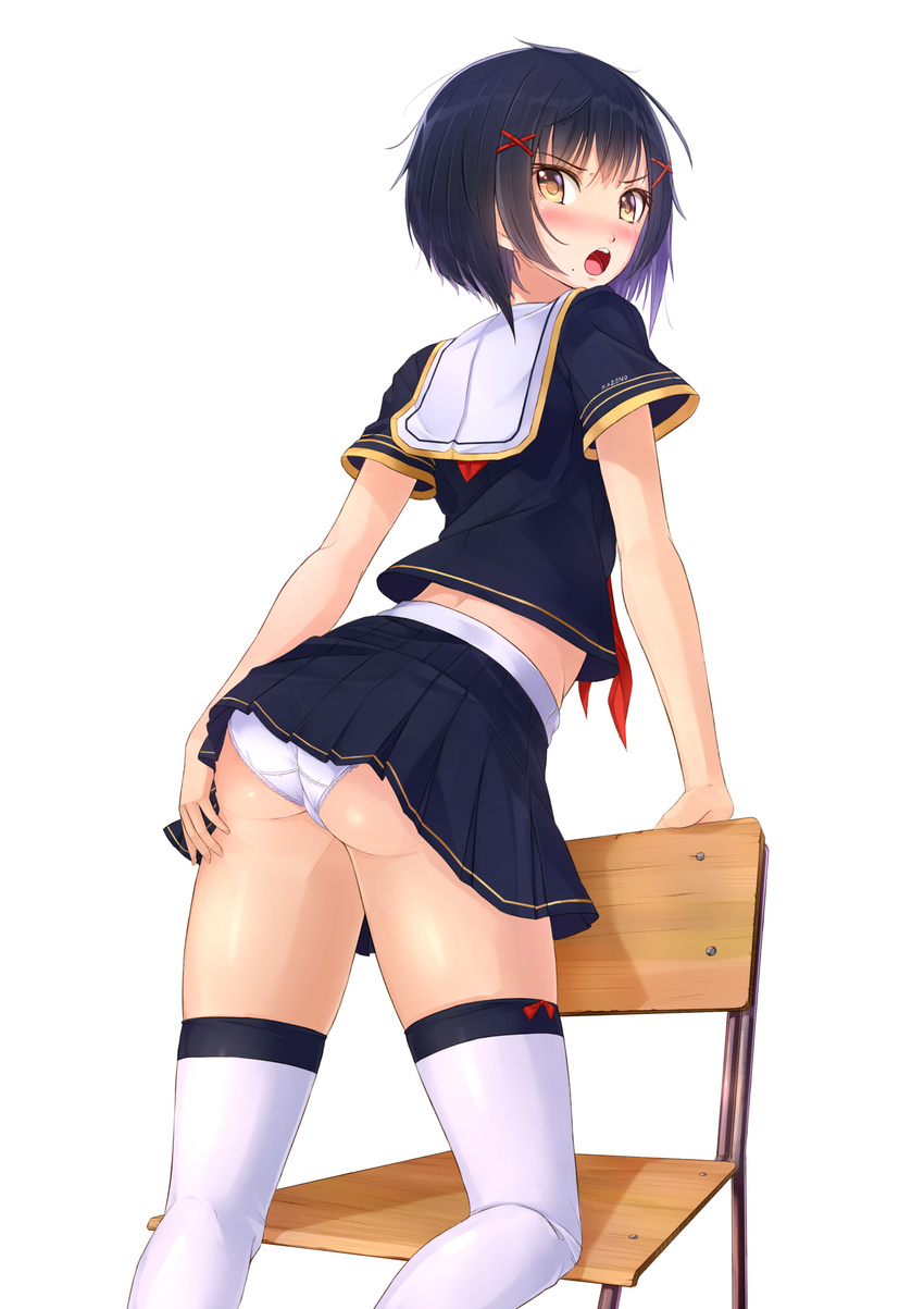 ass black_hair black_serafuku brown_eyes chair crop_top crop_top_overhang hair_ornament highres kazeno midriff original panties pleated_skirt school_uniform serafuku shiny shiny_skin short_hair simple_background skindentation skirt solo thighhighs trefoil underwear white_background white_legwear white_panties x_hair_ornament