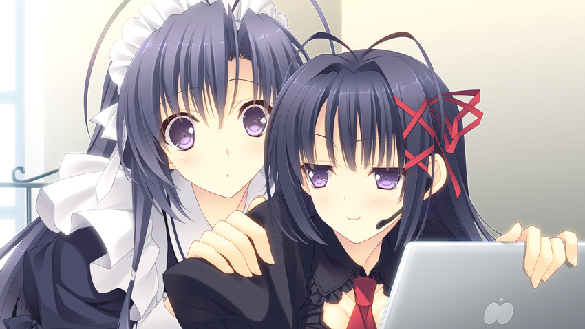 2girls black_hair computer game_cg kokura_asahi long_hair maid nishimata_aoi ookura_risona otome_riron_to_sono_shuuhen:_ecole_de_paris purple_eyes ribbons suzuhira_hiro