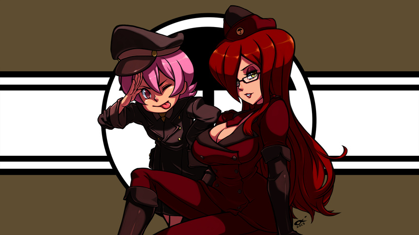 2girls :p ;p age_difference arm_support bent_over beret boots breasts child cleavage dated elbow_gloves glasses gloves hair_over_one_eye hat highres huge_breasts jorby_alano knee_boots lab_zero_games lips long_hair looking_at_viewer military military_uniform multiple_girls necktie official_art one_eye_closed parasoul_(skullgirls) parted_lips pink_eyes pink_hair red_hair salute short_hair siblings sisters sitting skullgirls smile tongue tongue_out umbrella_(skullgirls) uniform yellow_eyes
