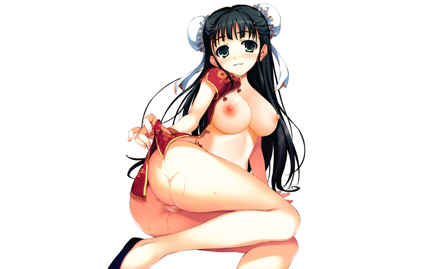 ass black_hair blush breasts butthole china_dress chinese_clothes chinese_dress double_bun green_eyes highres invitation large_breasts long_hair nipples no_bra open_clothes open_shirt photoshop pussy pussy_juice shirt tomose_shunsaku uncensored vagina white