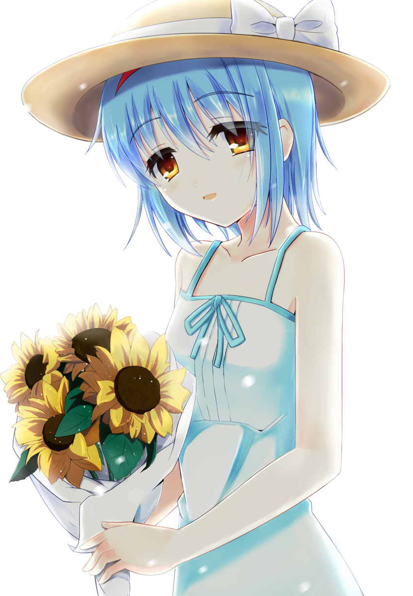 blue_hair brown_eyes dress flower hat highres kurose_yuuki little_busters! nishizono_mio school_uniform short_hair sunflower