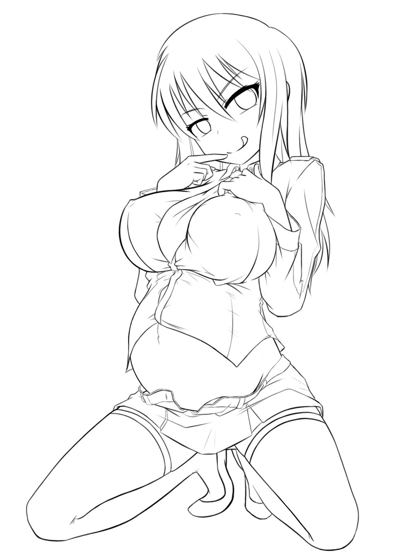 breasts copyright_request greyscale highres large_breasts lineart long_hair looking_at_viewer monochrome moodycat naughty_face pregnant skirt smile solo thighhighs