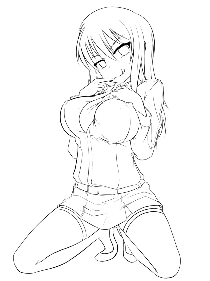 breasts copyright_request greyscale highres large_breasts lineart long_hair looking_at_viewer monochrome moodycat naughty_face skirt smile solo thighhighs