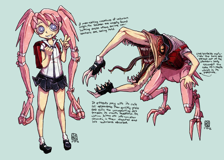 backpack bag dated disguise english grin j-e-m-g long_hair mary_janes monster original pink_hair purple_eyes randoseru school_uniform shoes signature smile socks teeth twintails v vagina_dentata very_long_hair white_legwear