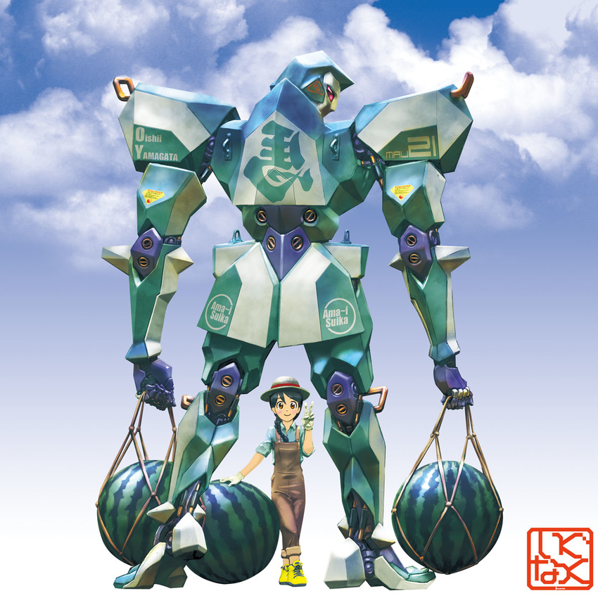 black_hair brown_eyes cloud day farmer food fruit gloves hat highres igunuk mecha net original overalls oversized_object ponytail realistic robot science_fiction shoes signature sneakers v watermelon