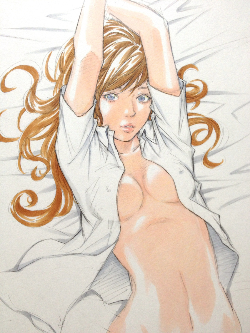 absurdres blue_eyes breasts brown_hair cleavage covered_nipples dress_shirt highres kubonouchi_eisaku lips looking_at_viewer medium_breasts navel open_clothes open_shirt original parted_lips shirt short_hair solo traditional_media